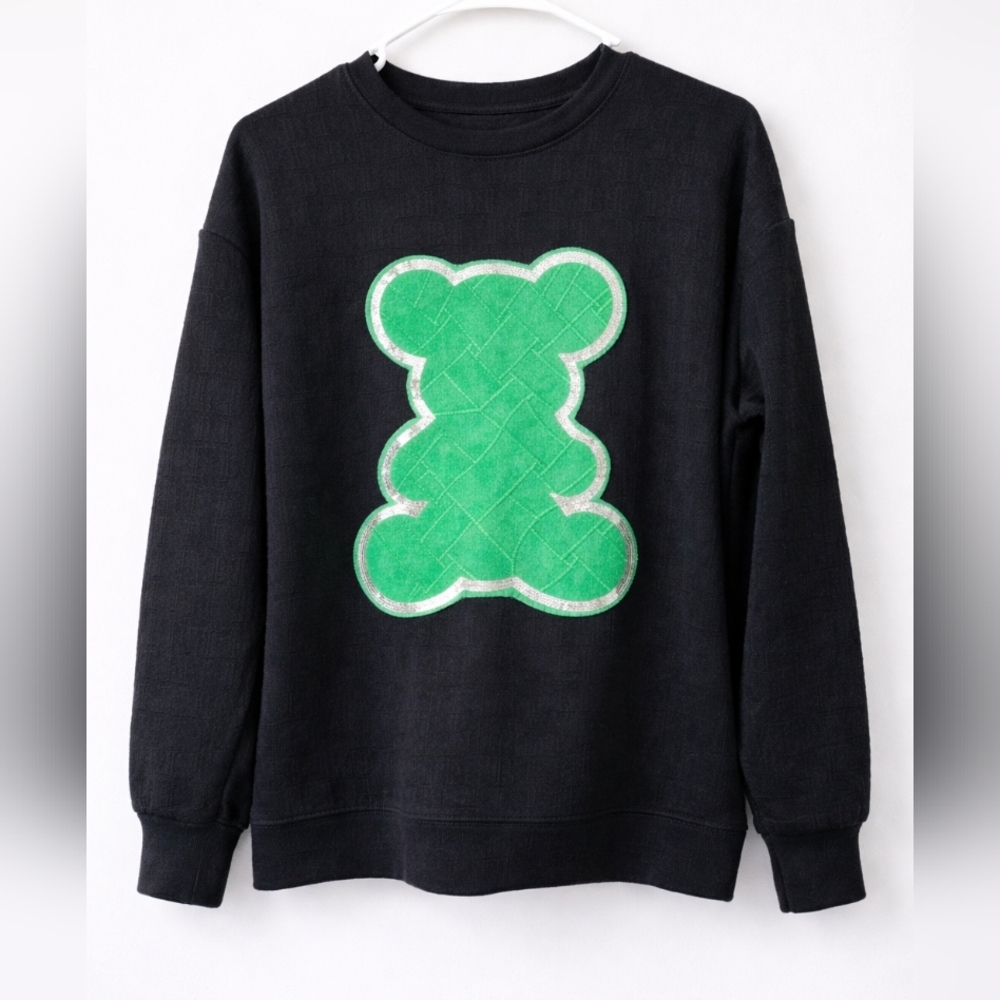 Black Crewneck Sweatshirt Green Teddy Bear Graphic